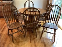 Oak Pedestal Table, Lazy Susan, 6 Chairs & Leaves