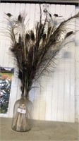 Peacock feathers in glass jar