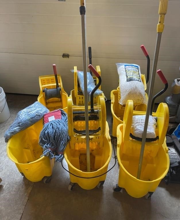 5) Rubbermaid industrial Mop Buckets, 3) Barrels