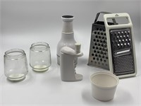 Food chopper, three graders, 2  Gemco jars,  jars