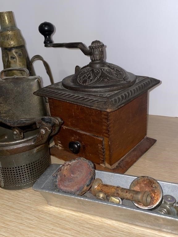 Vintage/antique coffee grinder, cast iron press, &