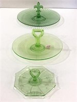 Lot of 3 Green Glass Center Handle Serving