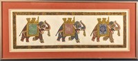 Framed Indian 3 Elephants Marching Hand Painted Si