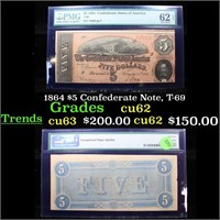 1864 $5 Confederate Note, T-69 cu62 By PMG