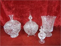 Clear glass candy dishes w/lids, vase, perfume