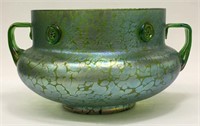 Green Iridescent Art Glass Double Handled Bowl