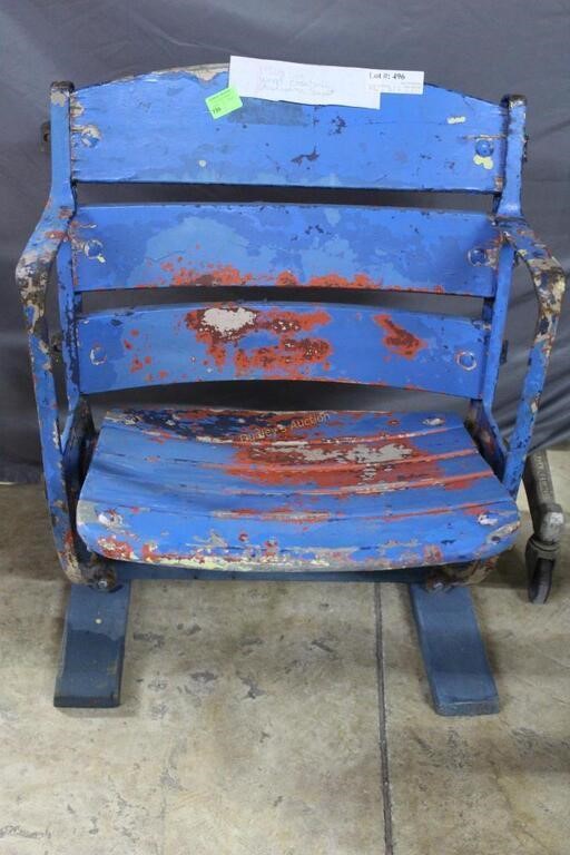 1930s wood baseball stadium seat in blue paint