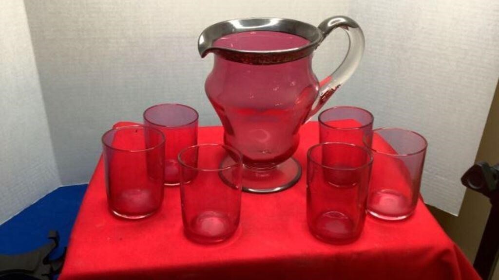 Cranberrry Art Glass Pitcher & Glasses