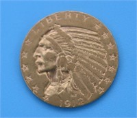 1912-S INDIAN $5 GOLD COIN, 8.3 G, XFINE-AU