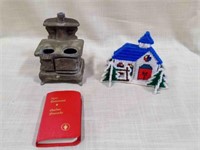 Vintage Mini Acme Iron Stove, coaster set, Bible,