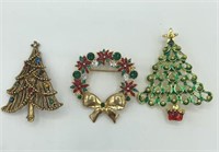 Lot of 3 Vintage Christmas Tree & Wreath Brooches