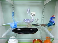 (4) Glass Swans & Glass Rooster