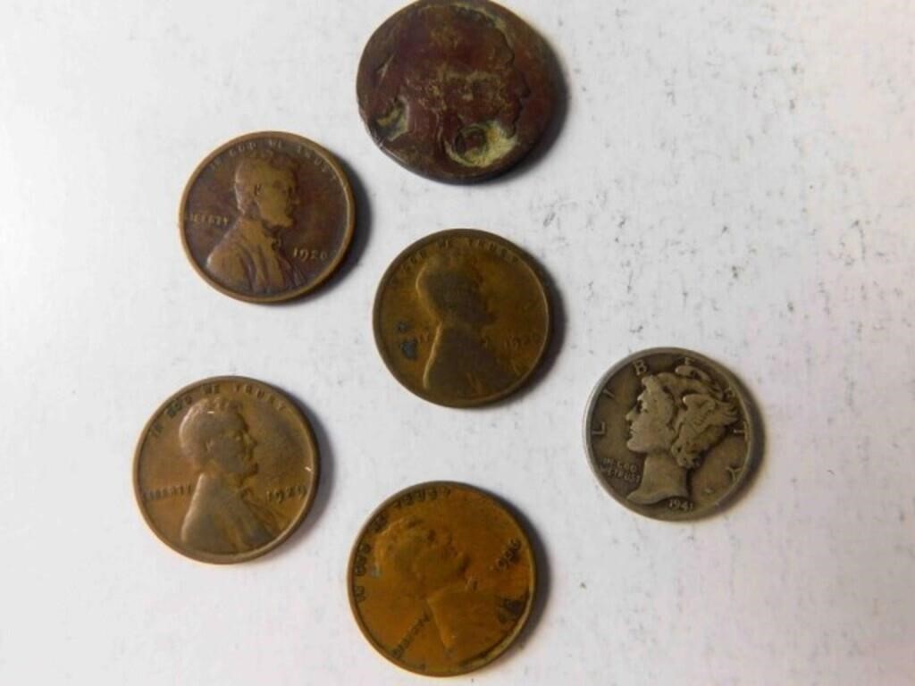 pennies 1920;1929;1936 dime 1941; see des