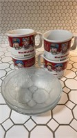 Campbell soup mugs, frosted floral salad bowls