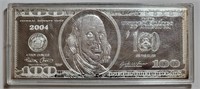 4 ozt Silver .999 $100 Note Franklin Bar