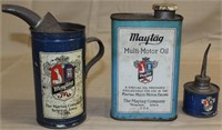 3 Maytag oil tins, 1 qt. w/orig cap, fuel mixing