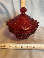 Fenton amber & red glass hobnail lidded candy