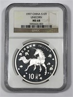 CHINA: 1997 Silver 10 Yuan Unicorn NGC MS68