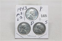 1943 P,D,S MS63 Steel Lincoln cents