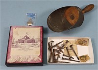 Early Nails, Tin Scoop, 1876 Ribbon, 3 Medals