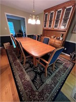 Oak table and 6 navy blue chairs
