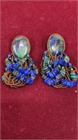 Blue Beaded Embroidered Earrings