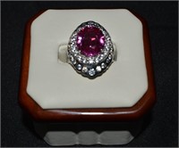 .925 Silver Cz & Pink Stone Cocktail Ring sz 7