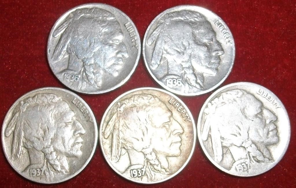 1936P(2) & 1937P(3) Indian Head/Buffalo Nickel