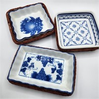 Trio of Blue & White Trays in Baskets