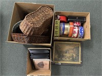 Baskets, tins and decorative prints, 3 boxes