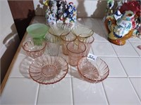 Group of depression glass, assorted colors. Small