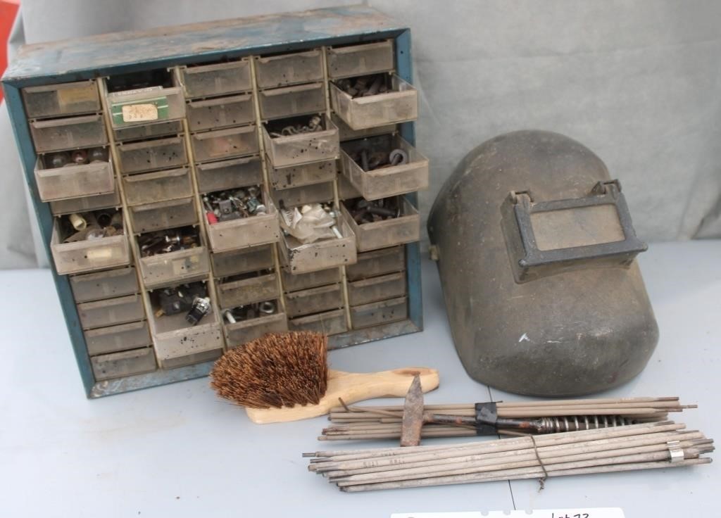 welding helmet; welding sticks; wire brush;