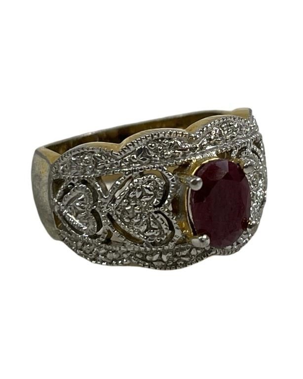 .925 Silver Ladies gold Toned Cz Heart & Ruby Ring