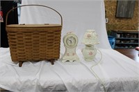 LONGABERGER BASKET, WHITE LAMP AND CLOCK WITH PINK