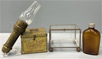 Antique Bottle Flask; Cinco Tobacco Tin & Oil Lamp