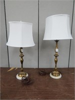 PAIR BRASS TABLE LAMPS W/ MARBLE BASES & SHADES