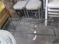 Two Metal Frame Stools, Glass Top Coffee Table