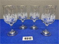 4 Tree Design Stemware Glasses 7" tall