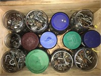 Wooden box with 13 jars of nuts and bolts, hooks,