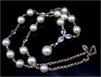Large pearl, topaz set 9ct white gold necklace