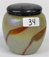 Art glass jar, opaque with brown leaves