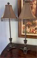 Pair Tall Column Table Lamps Beaded Shades