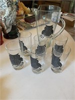 owl pitcher and 6 glasses W.V GLASS handmade