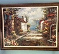 Framed Oil on Canvas European Village by Browley