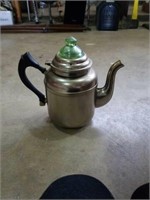 9 cup vintage metal coffee pot with green glass