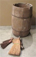 Primitive Wooden Barrel & Straw Brooms