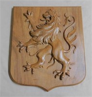 Christian Coulon Lion Rampant Carved Oak Plaque.