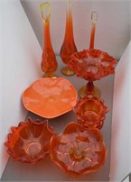 (9pcs.) Orange Amberina Glass Dishes/Vases
