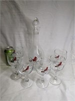 WV Glass Cardinal Decanter & 6 Glasses 5 1/2" tall