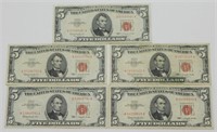 (5) 1963 $5 Red Seal Legal Tender U.S. Notes